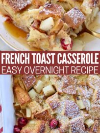 baked french toast in a casserole dish and sliced on a plate with a fork