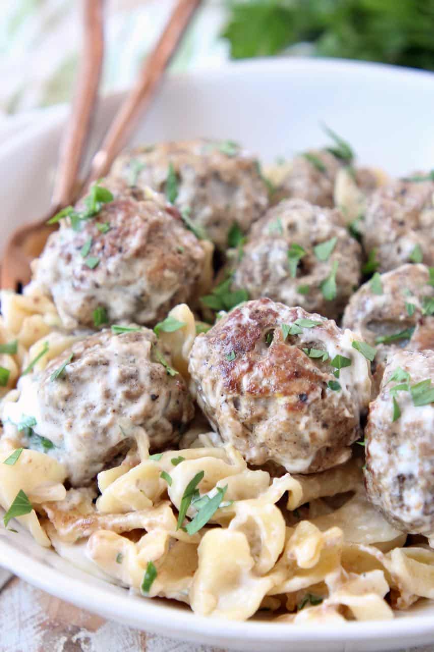 Swedish meatballs and cooked egg noodles in bowl