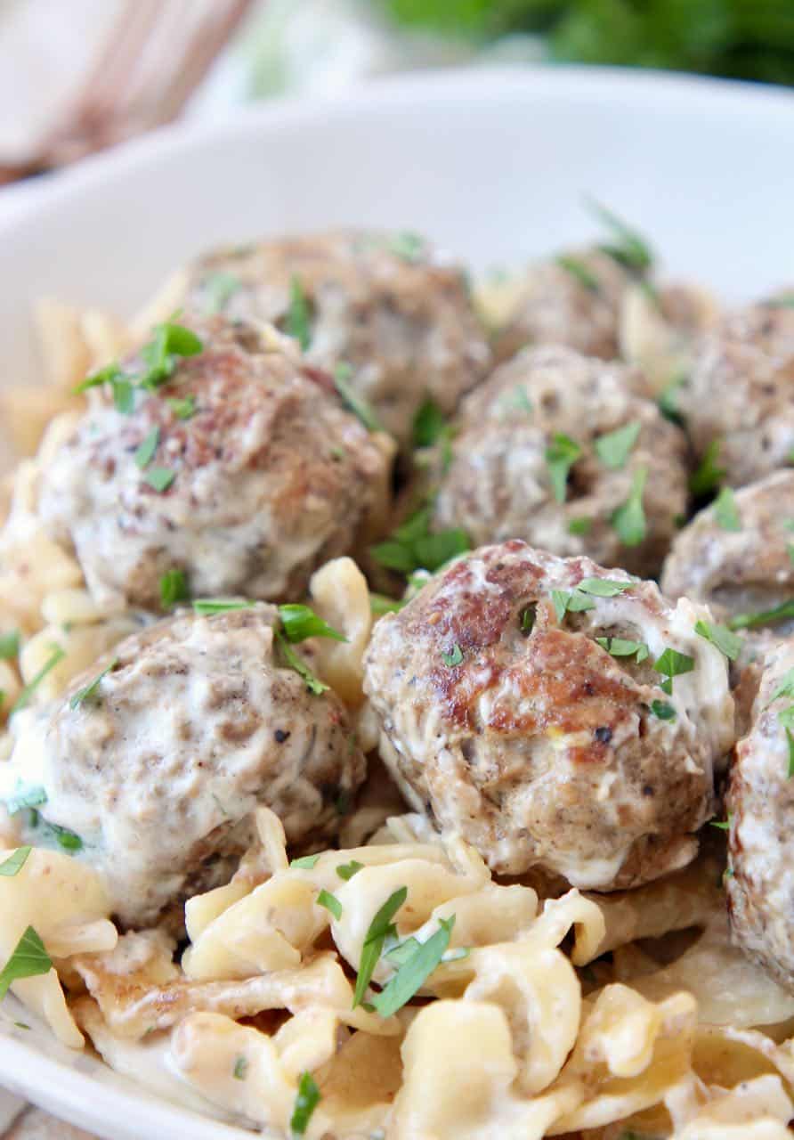 Swedish meatballs and egg noodles in bowl