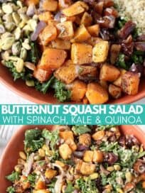 Roasted butternut squash salad in bowl with dates and quinoa