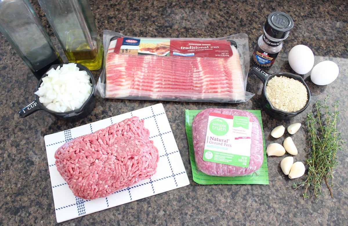Bacon Wrapped Meatloaf Ingredients displayed on countertop