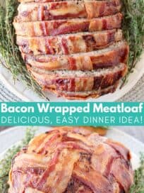 Bacon wrapped meatloaf on plate with herbs