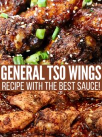 cooked chicken wings in sauce in a wok and piled up on a plate