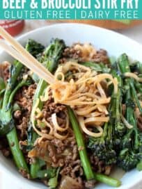 Ground beef and broccoli stir fry in bowl with chopsticks