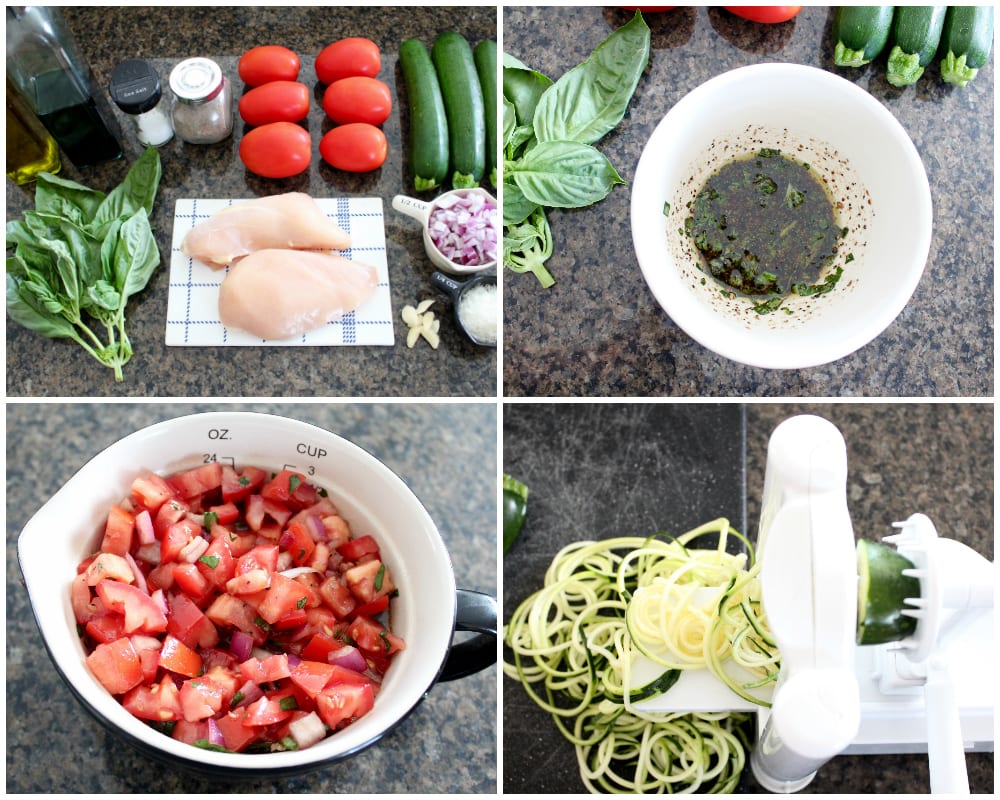 Instructional image of how to make bruschetta chicken zoodle bowls