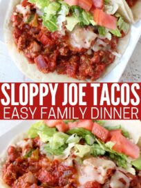 sloppy joe tacos topped with lettuce and tomatoes on white plate