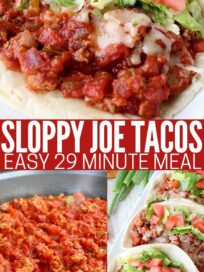 sloppy joe tacos on plate and sloppy joe meat mixture in skillet