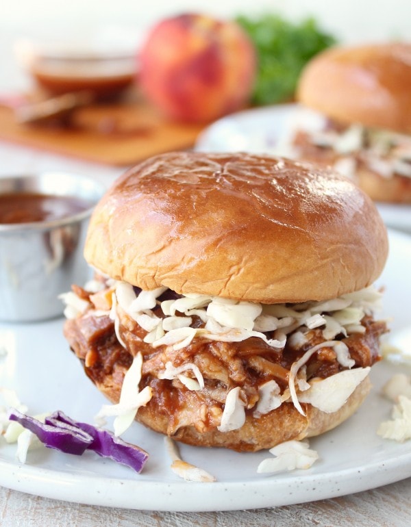 Slow Cooked Peach BBQ Pulled Pork Sandwich