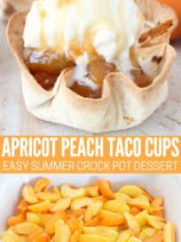 collage of images with crispy tortilla cup, filled with cooked fruit, ice cream and caramel sauce, and sliced fruit in a Crock Pot
