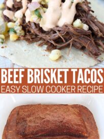 seasoned brisket in crock pot and brisket taco topped with corn salsa and chipotle sauce