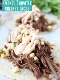 shredded beef on tortilla topped with corn salsa and creamy chipotle sauce