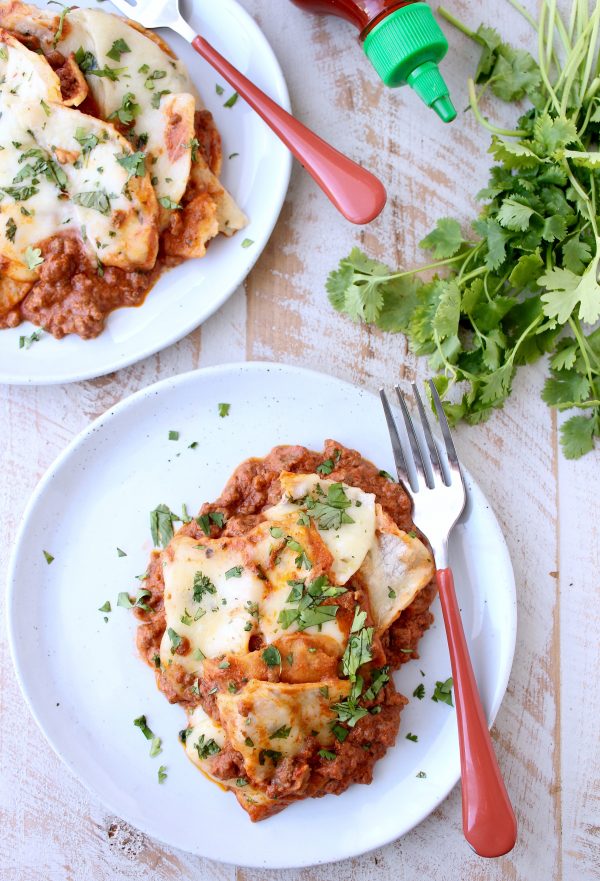 30 Minute Skillet Sriracha Beef Enchiladas Recipe | WhitneyBond.com