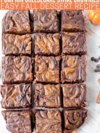 Overhead image of sliced pumpkin swirled brownies