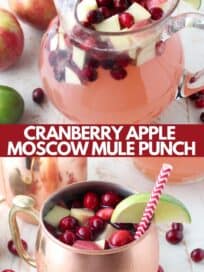 Moscow mule punch with diced apples and cranberries in glass pitcher and copper mug