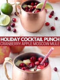 Moscow mule with fresh cranberries and diced apples in copper mug