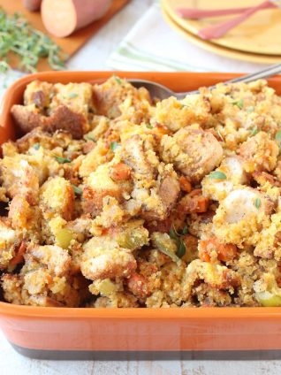 The most delicious and easy Gluten Free Stuffing Recipe made with gluten free cornbread, white bread and sweet potatoes!