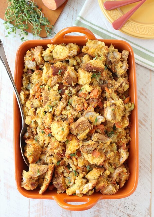 The most delicious and easy Gluten Free Stuffing Recipe made with gluten free cornbread, white bread and sweet potatoes!