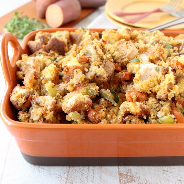 The most delicious and easy Gluten Free Stuffing Recipe made with gluten free cornbread, white bread and sweet potatoes!