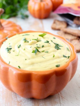 This creamy, sweet and spicy Jalapeno Pumpkin Dip recipe is an easy 5 minute appetizer that's vegetarian, gluten free and perfect for parties!