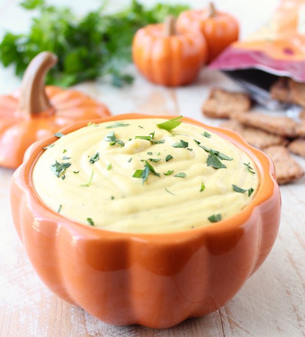 This creamy, sweet and spicy Jalapeno Pumpkin Dip recipe is an easy 5 minute appetizer that's vegetarian, gluten free and perfect for parties!