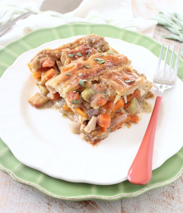 Turkey Pot Pie with Puff Pastry Crust is a delicious comfort food recipe anytime of the year, but is perfect for using up leftover turkey from Thanksgiving!