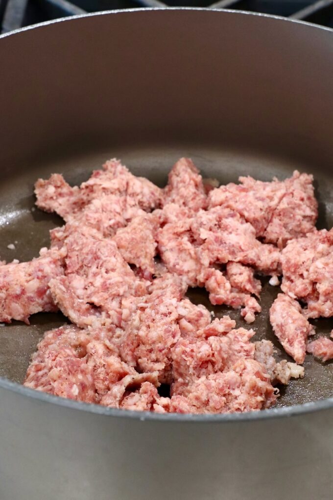 crumbled sausage in a large pan