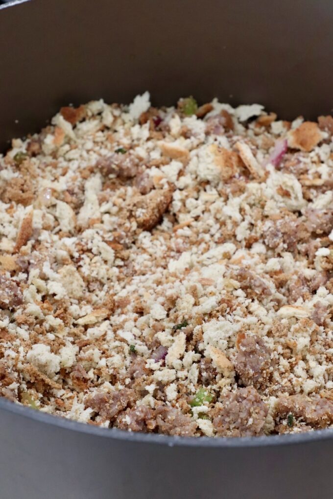 crumbled sausage and dried stuffing bread crumbs in a large pot