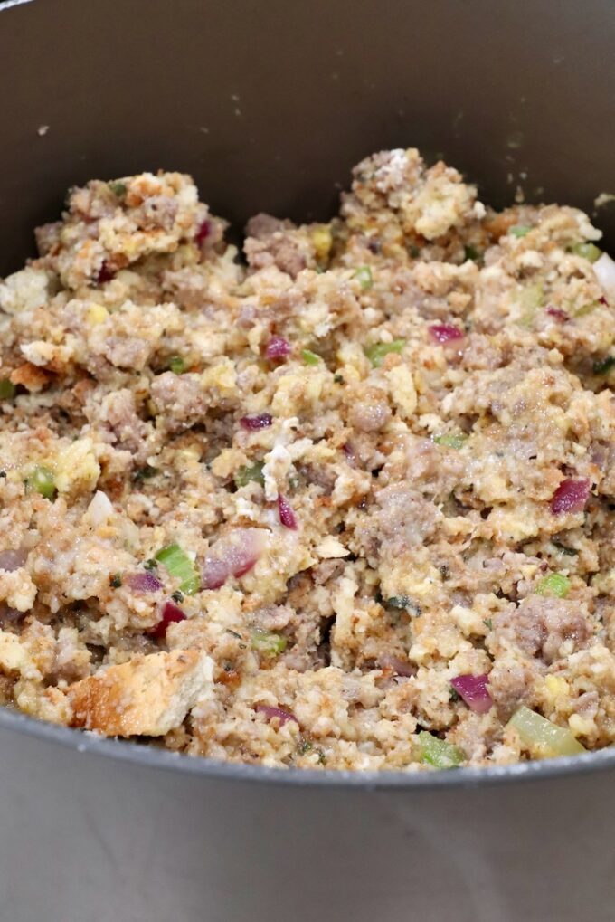 uncooked sausage stuffing in a large pot