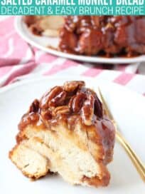 piece of salted caramel monkey bread on plate with fork