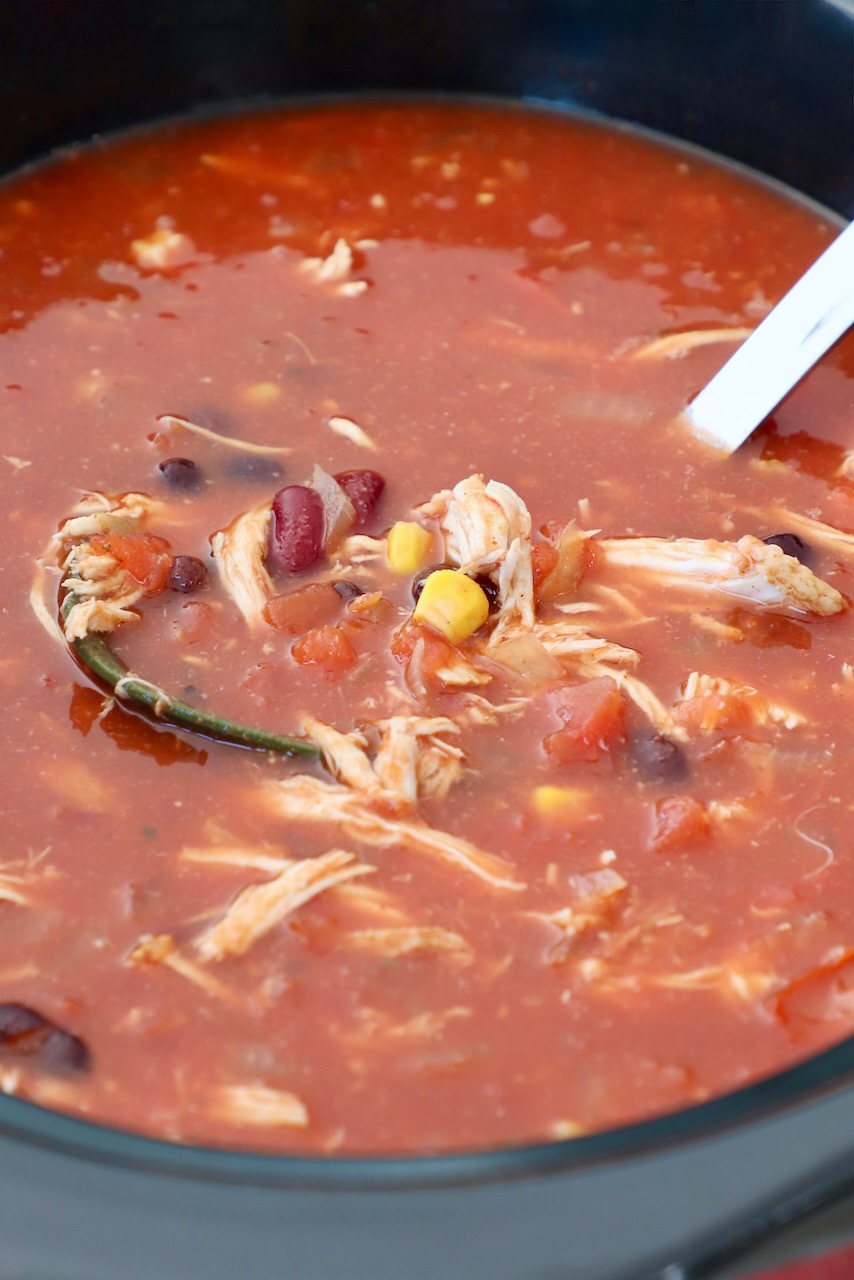 chicken tortilla soup in crock pot with a ladle