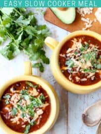 overhead image of two bowls of enchilada soup