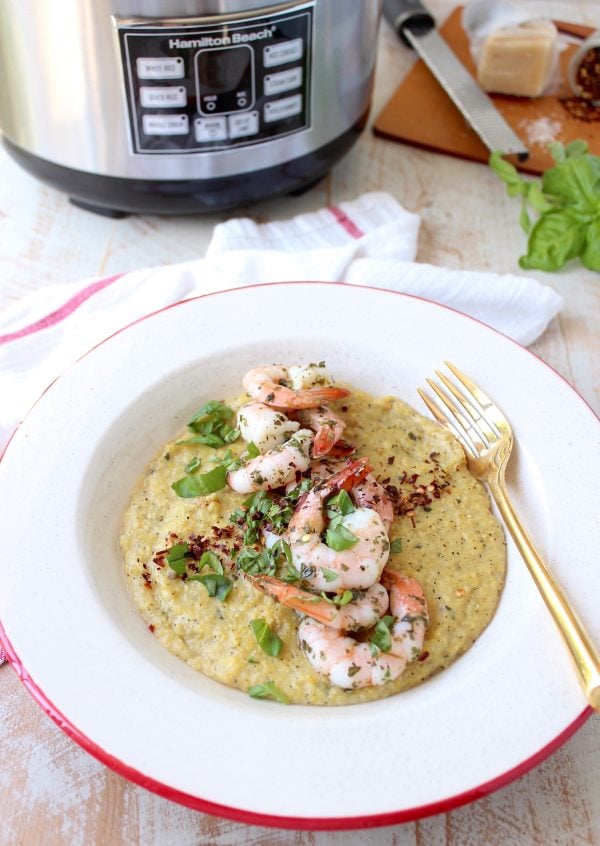This Gluten Free Italian Shrimp & Polenta Recipe is made entirely in a rice cooker & steamer in only 29 minutes for an easy meal with very little clean up!
