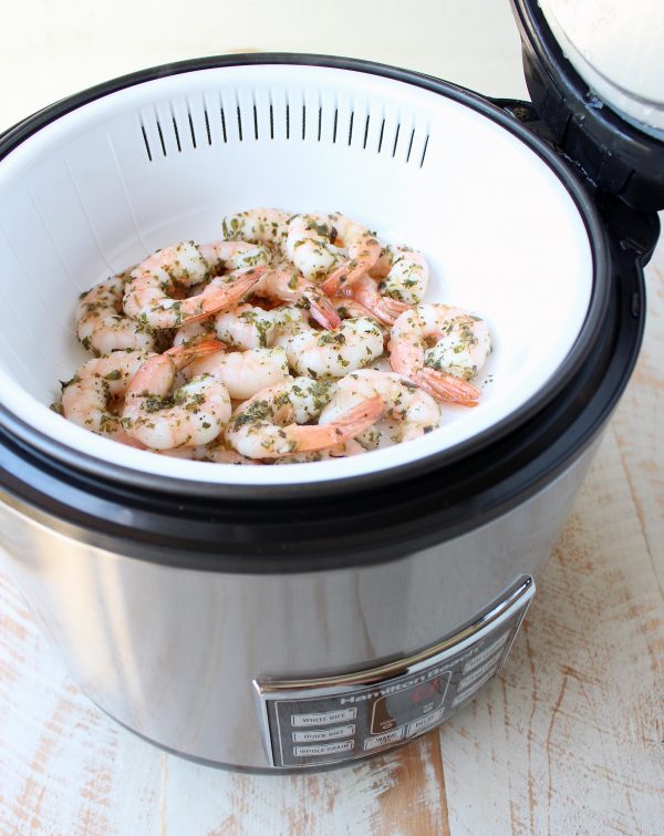 This Gluten Free Italian Shrimp & Polenta Recipe is made entirely in a rice cooker & steamer in only 29 minutes for an easy meal with very little clean up!