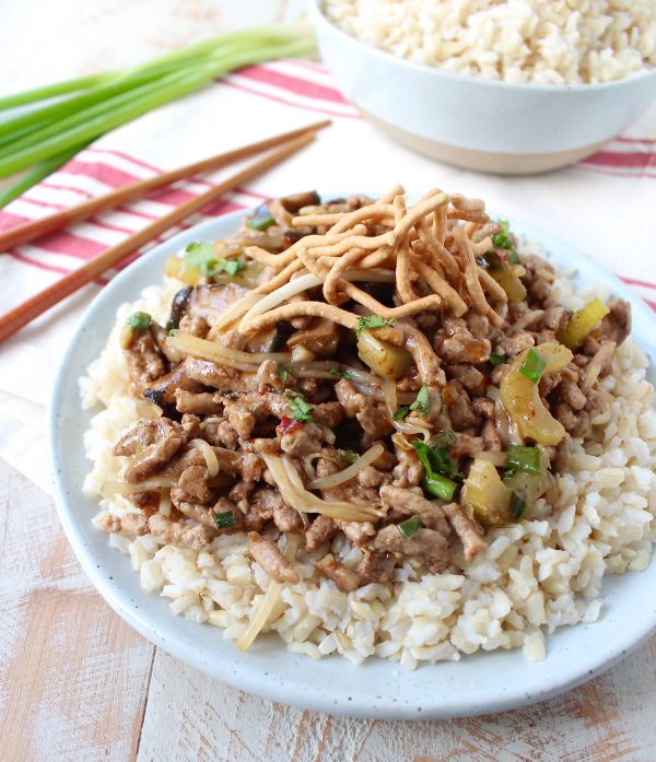 This easy Chinese Pork Chop Suey recipe combines pork, veggies & a delicious Asian sauce, served over white rice, topped with crispy chow mein noodles!