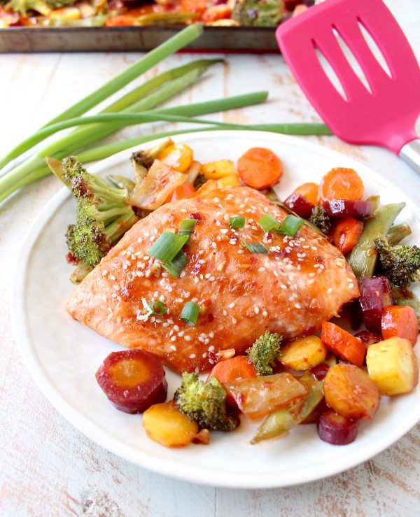 This Sheet Pan Salmon recipe with Thai Sweet Chili Sauce is easy to make in 29 minutes, it's gluten free, healthy & baked with veggies for a complete meal!