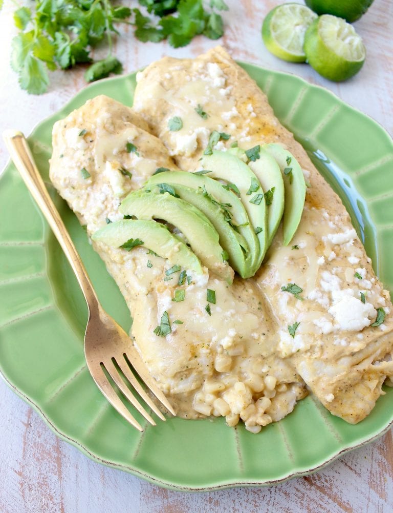 Vegetarian Enchiladas with Cheese, Corn & Avocado Sauce