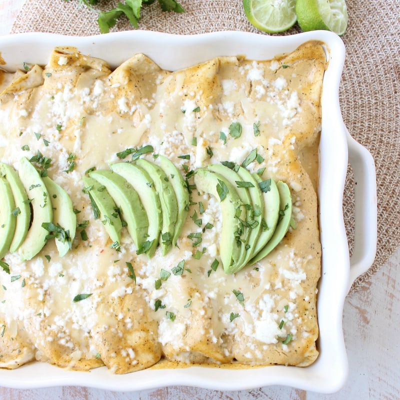 Vegetarian Enchiladas with Cheese, Corn & Avocado Sauce