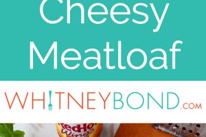 Square cheesy meatloaf with buffalo sauce on white plate, with text overlay "Buffalo Cheesy Meatloaf WhitneyBond.com"