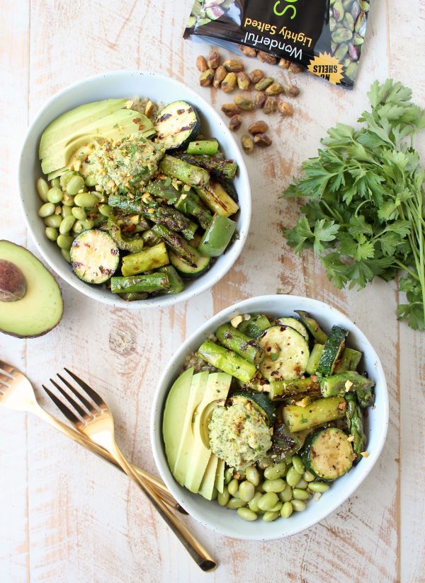 The Green Vegan Buddha Bowl is filled with grilled veggies, green tahini sauce, avocado & quinoa for a healthy, filling meal that's also gluten free!