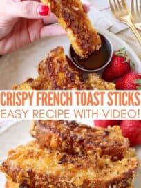crispy french toast sticks dipped into honey and on plate