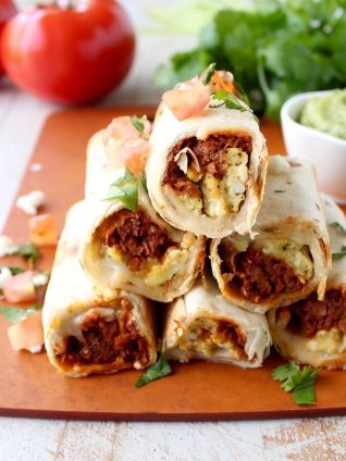 Breakfast Taquitos are the perfect easy breakfast recipe, made with chorizo, or soyrizo for vegetarians, scrambled eggs & pepper jack cheese!