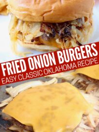 fried onion burger on griddle and on bun on plate