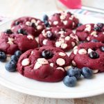 Red Velvet Cookies are filled with white chocolate chips and blueberries in this colorful and patriotic dessert recipe, perfect for summer and 4th of July!