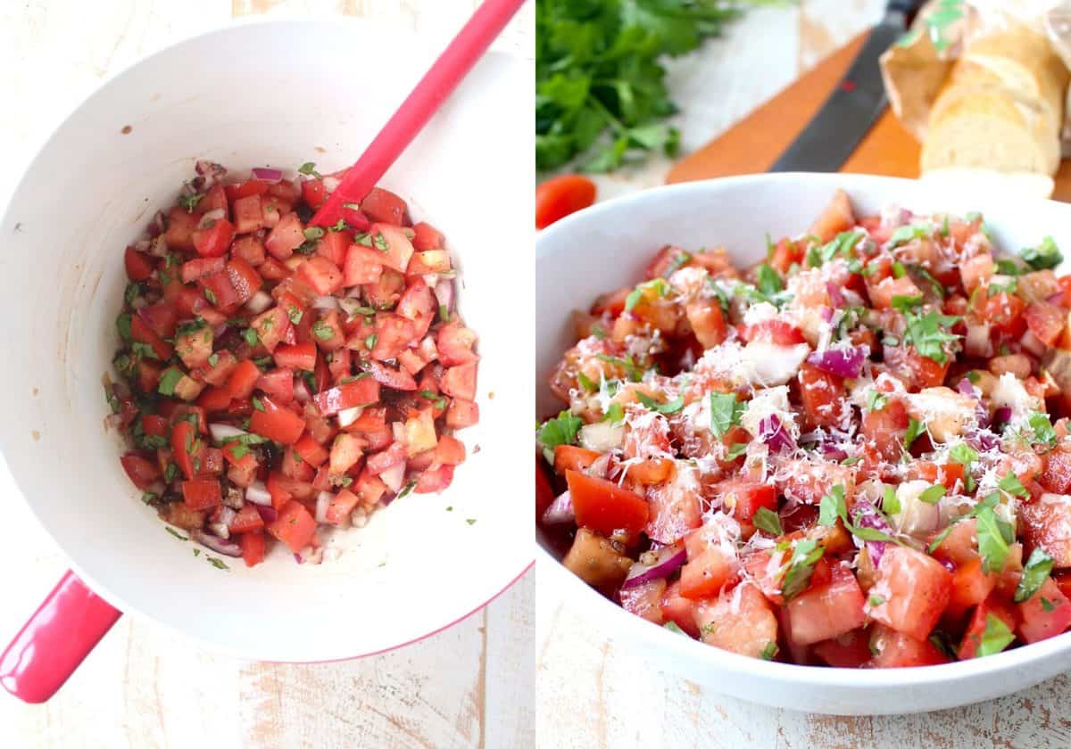 collage of images showing how to make tomato basil bruschetta