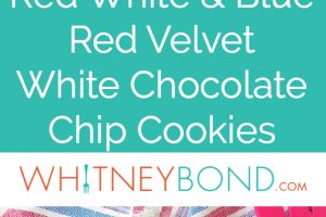 Red velvet cookies with white chocolate chips and blueberries on white plate, on top of red white and blue striped towel with red spatula, images with text overlay