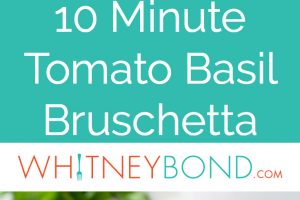 Tomato Basil Bruschetta on top of toasted baguette slices on plate, two images with text overlay