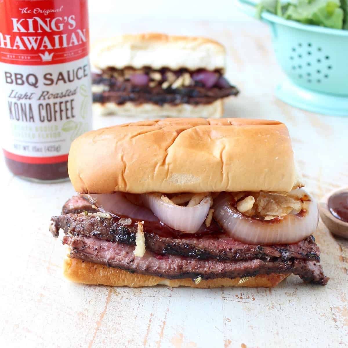 Steak Sandwich with Coffee Rub, Grilled Onions & BBQ Sauce