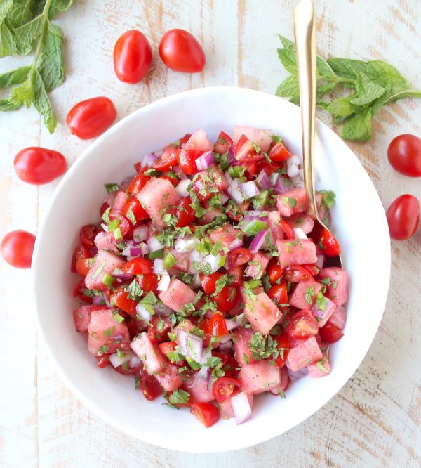 Watermelon salsa is refreshing, flavorful and will be the hit of the summer! Serve it with tortilla chips for a vegan and gluten free snack or serve it over chicken, fish or tacos for a delicious meal!