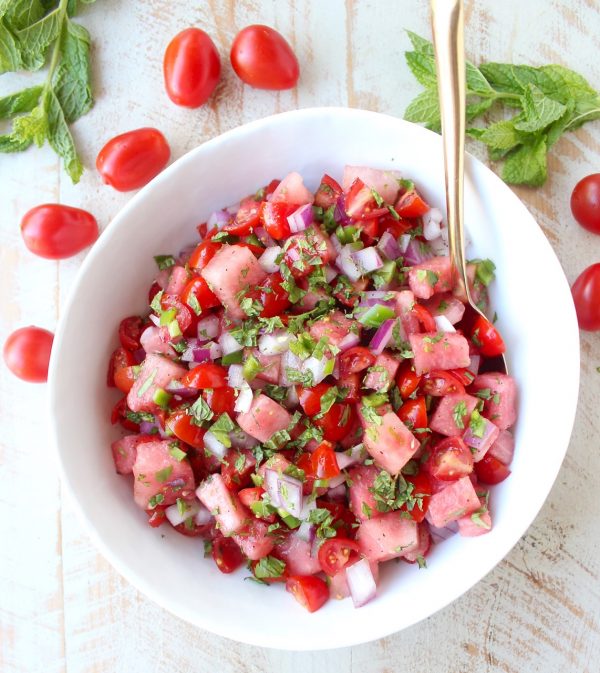 Watermelon salsa is refreshing, flavorful and will be the hit of the summer! Serve it with tortilla chips for a vegan and gluten free snack or serve it over chicken, fish or tacos for a delicious meal!