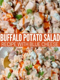 potato salad in bowl topped with a drizzle of buffalo sauce with a spoon in the bowl